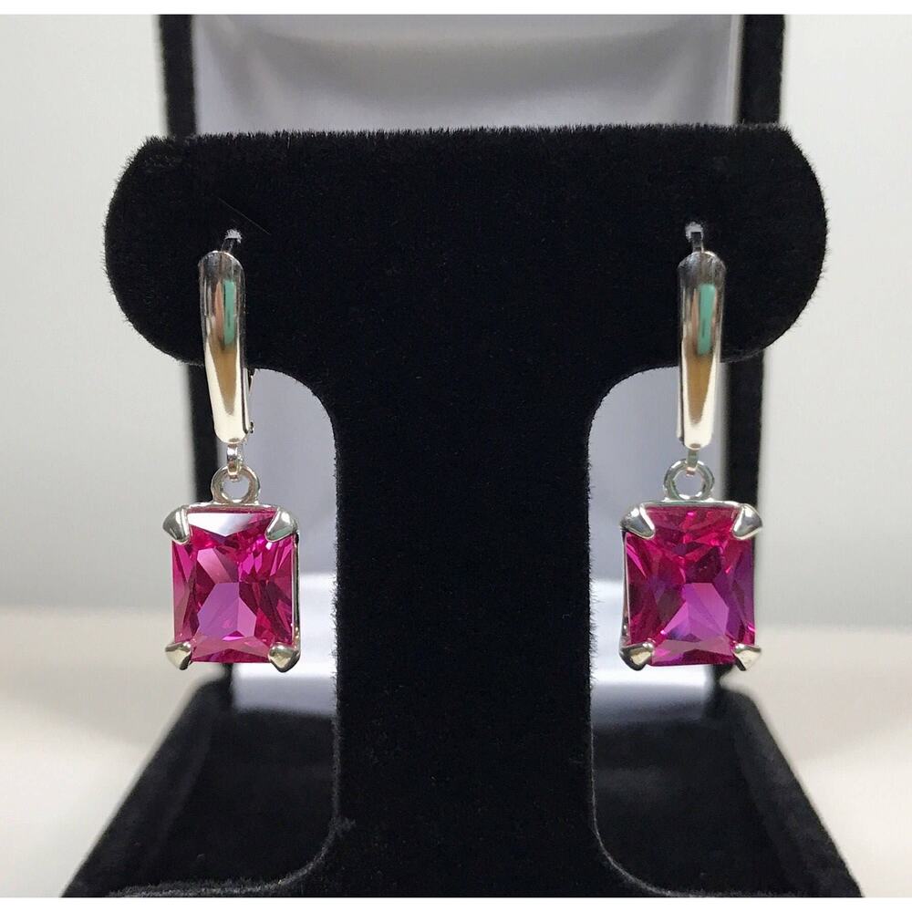 GORGEOUS 8ct Emerald Cut Lab Grown Pink Sapphire Earrings in Sterling Silver